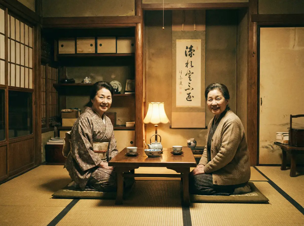 两位优雅的 www91 在日式茶室中品茶交谈